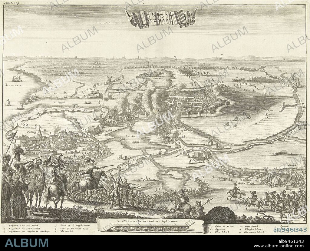 Bird's eye view of Alkmaar and surroundings during the siege by the Spaniards, 1573. In the foreground Spanish troops and some monks. At the bottom in a cartouche the Spanish storm bridge. In the caption the legend 1-15 in Dutch, Siege of Alkmaar, 1573 The Siege of Alkmaar., print maker: Coenraet Decker, (attributed to), Northern Netherlands, 1701 - 1703, paper, etching, h 271 mm × w 358 mm.