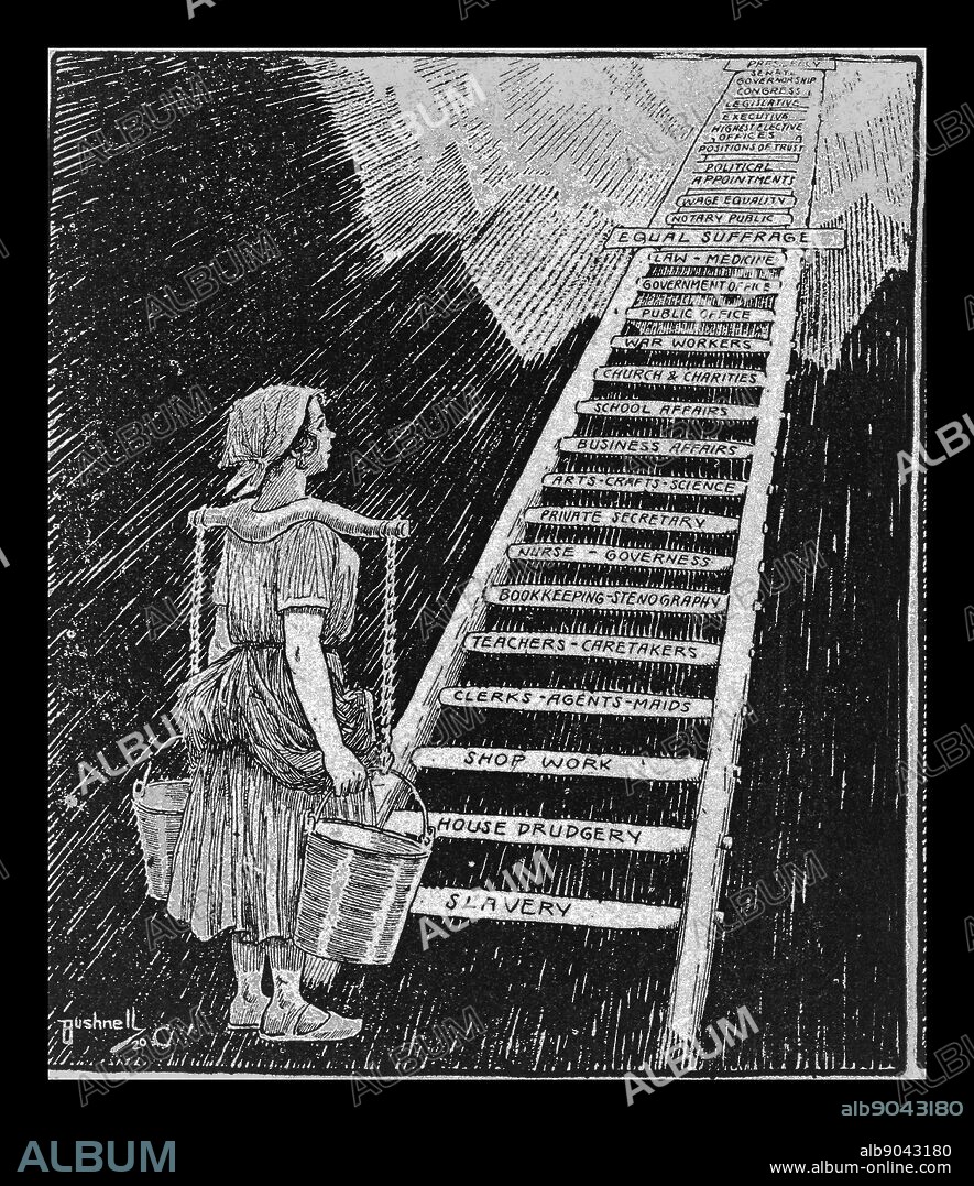 American cartoon of 1920. The sky is now her limit. Cartoon showing a woman carrying buckets on a yoke, looking up at ladder ascending up to the sky, bottom rungs labelled 'Slavery,' 'House Drudgery,' and 'Shop Work.' Top rungs labelled 'Equal Suffrage,' 'Wage Equity,' and 'Presidency.' 1920.