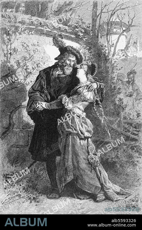 Goethe, Johann Wolfgang von; 1749-1832. Werke: Faust (1808). Garten / Faust und Margarete (Marthens Garten, wo Gretchen die Frage stellt: "Nun sag, wie hast du's mit der Religion?" (Vers 3415) ). Holzstich, um 1880/90, nach Zeichnung von Franz Simm (1853-1918). Aus: Goethes Werke, Illustr. von ersten dt. Künstlern, Hrsg. v. Heinrich Düntzer, Stuttgart und Leipzig (Dt. Verlags-Anstalt) o. J.