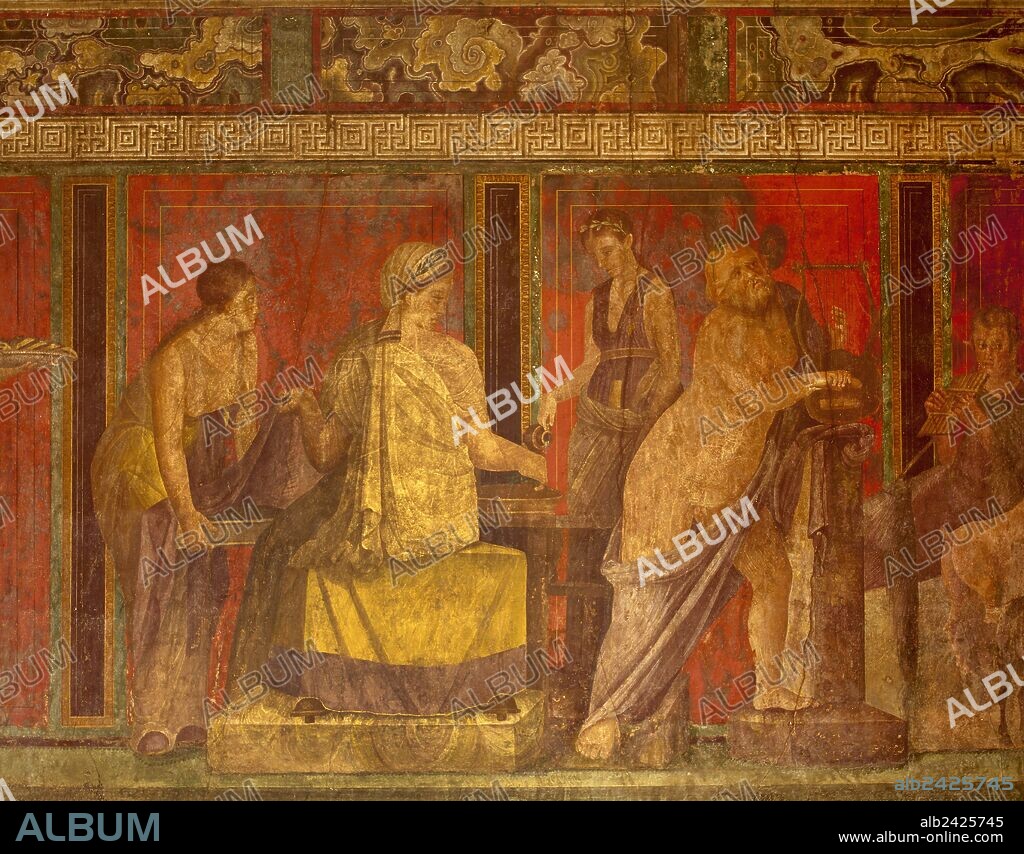 ARTE ROMANO. ITALIA. Fresco pompeyano del siglo I d. C. donde se representa un RITO DIONISIACO: "AGAPE SACRA". La administradora del sacrificio lustra ayudada por las doncellas. Al lado, escena pastoril de Sileno que tañe la lira junto a un joven "panisca" que toca la siringa. VILLA DE LOS MISTERIOS. POMPEYA. La Campania.