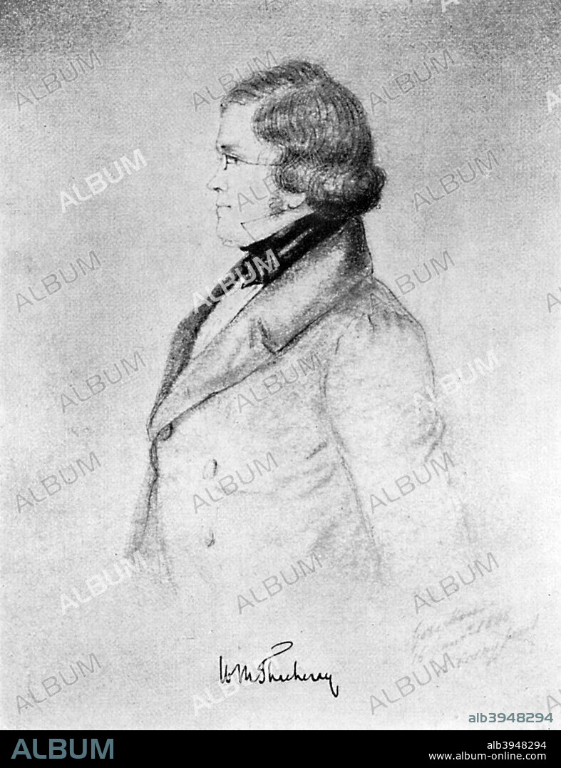 William Makepeace Thackeray, Anglo-Indian novelist, (1912). Portrait of Thackeray (1811-1863) from Famous Houses and Literary Shrines of London, by John Adcock, (J M Dent and Sons, London, New York, 1912).