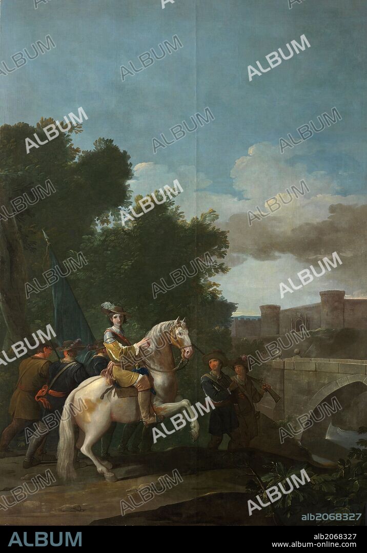 ANTONIO GONZÁLEZ VELÁZQUEZ. Antonio González Velázquez / 'Un oficial a caballo y cuatro soldados a pie', 1776-1778, Escuela Española, Óleo sobre Lienzo, 275 cm x 195 cm, P08038.
