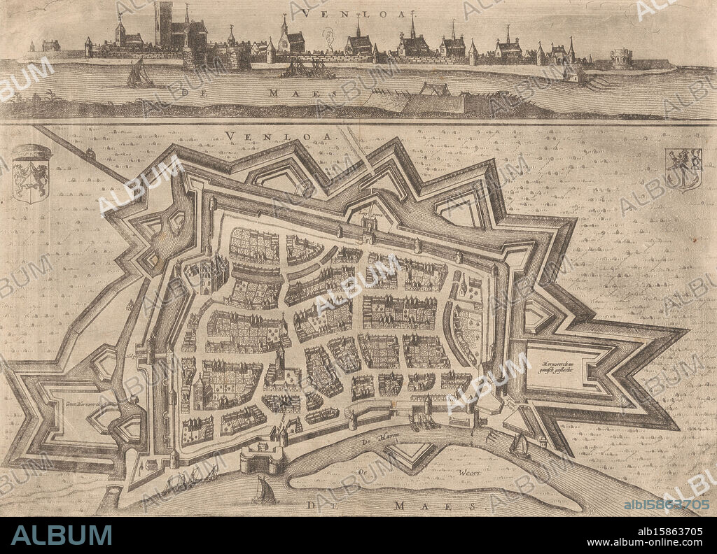 Map of Venlo, Venloa (title on object), Map of Venlo from a bird's eye view. Above the map a view of Venlo, seen from outside the city. Top left, in the map, the coat of arms of Gelre and top right the coat of arms of Venlo., print maker: Nicolaes van Geelkercken, publisher: Jacob van Biesen, Arnhem, 1653 - 1672, paper, etching, engraving, height 251 mm × width 346 mm, print.