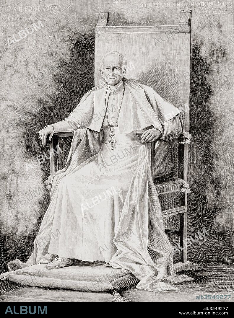 Pope Leo XIII, 1810 – 1903, born Vincenzo Gioacchino Raffaele Luigi Pecci, after the painting by Theobold Chartran exhibited in the Champs-Elysees Salon of 1892. From La Ilustracion Española y Americana, published 1892.