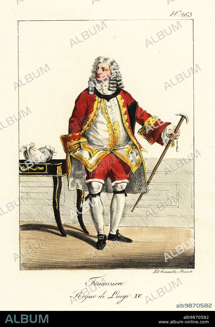 Costume of a banker during the reign of King Louis XV of France, 1723-1774. In wig, gold-embroidered velvet jacket, waistcoat and breeches, with bags of money. Financier. Regne de Louis XV. Handcoloured lithograph by Lorenzo Bianchi and Domenico Cuciniello after Hippolyte Lecomte from Costumi civili e militari della monarchia francese dal 1200 al 1820, Naples, 1825. Italian edition of Lecomtes Civilian and military costumes of the French monarchy from 1200 to 1820.