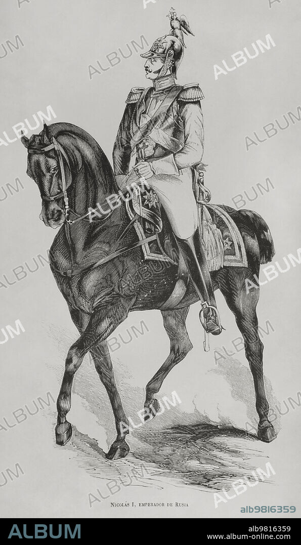 Nicolás I de Rusia (1796-1855). Zar de Rusia (1825-1855). Retrato ecuestre. Grabado. "Los Héroes y las Grandezas de la Tierra". Tomo V. 1855.