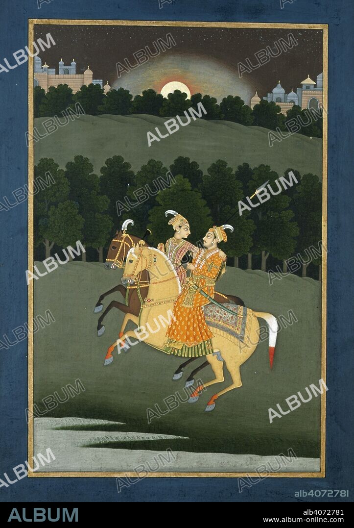 Baz Bahadur and Rupmati. c.1760. Baz Bahadur, the Muslim ruler of Malwa from 1554, rides through a moonlit landscape with his mistress Rupmati. Opaque water-colour  Originally published/produced in c.1760. . Source: Add.Or.8,.