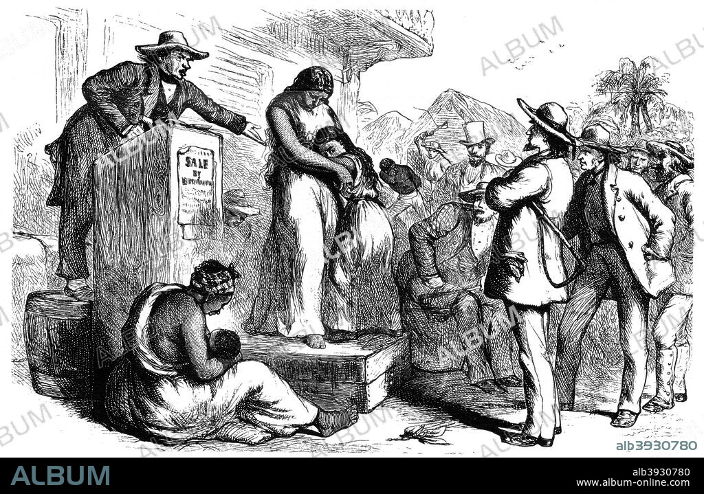 Public slave auction, 1965. A print from The Slave Trade and its Abolition, edited by John Langdon-Davies, Jonathan Cape, London, 1965.