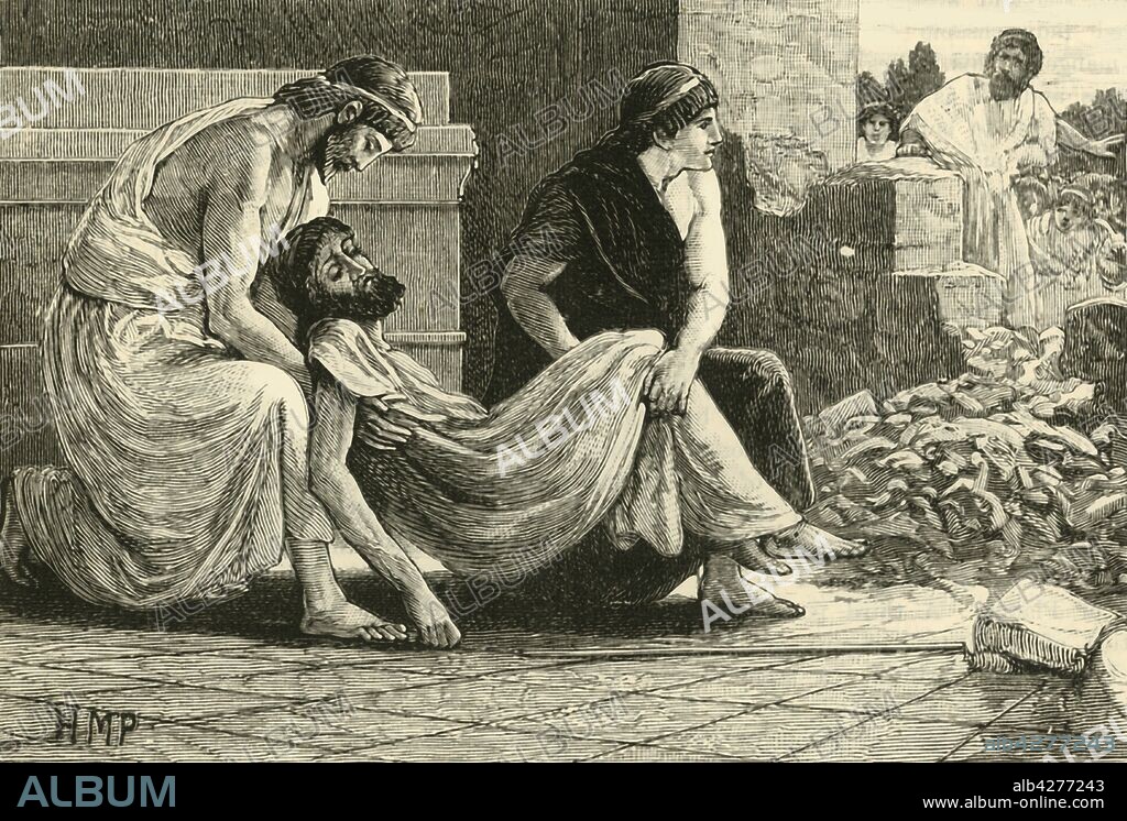'Death of Pausanias', 1890. Pausanias, Spartan regent and general suspected of conspiring with  Xerxes I during the Greco-Persian Wars, on arrest he escaped to the temple of Athena, was held siege and died of starvation.  From "Cassell's Illustrated Universal History, Vol. I - Early and Greek History", by Edmund Ollier. [Cassell and Company, Limited, London, Paris and Melbourne, 1890].