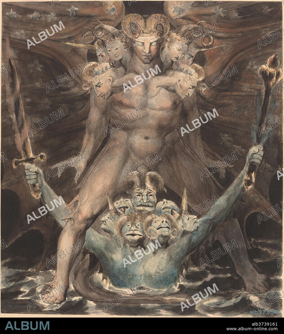 WILLIAM BLAKE. The Great Red Dragon and the Beast from the Sea. Dated: c. 1805. Dimensions: Overall: 40.1 x 35.6 cm (15 13/16 x 14 in.)  support: 54.8 x 44 cm (21 9/16 x 17 5/16 in.)  mat: 71.1 x 55.9 cm (28 x 22 in.). Medium: pen and ink with watercolor over graphite.