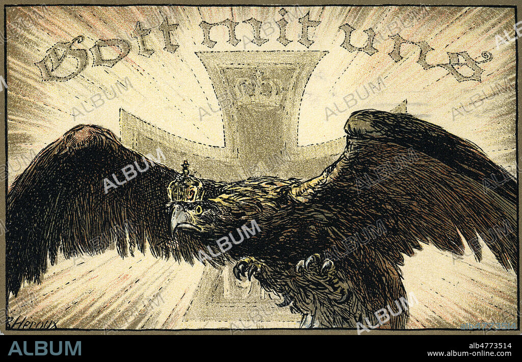 'Gott mit uns' (Dieu est avec nous) : aigle imperial allemand devant une croix de guerre. Illustration par HEROUX pour une carte postale allemande vers 1914. Credit : Collection IM/KHARBINE-TAPABOR.