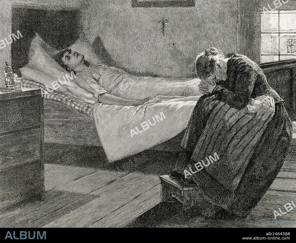 SOCIEDAD S. XIX. "EL PADRE NUESTRO". Anciana rezando junto a la cama de un familiar enfermo. Grabado de "La Ilustración Artística" (año 1903) .