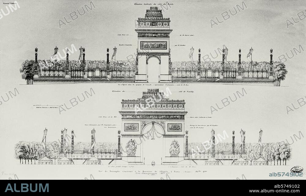 Paris, Arc de Triomphe. (construit en 1806-1836 d'ap. les plans de Jean-François Chalgrin). "Arc de Triomphe (...) / Fête d'Inauguration (1837) ". Gravure d'époque sur cuivre de Jean-Joseph Olivier d'ap. un dessin d'Abel Blouet (1795-1853). Paris, Musée de l'Arc de Triomphe.