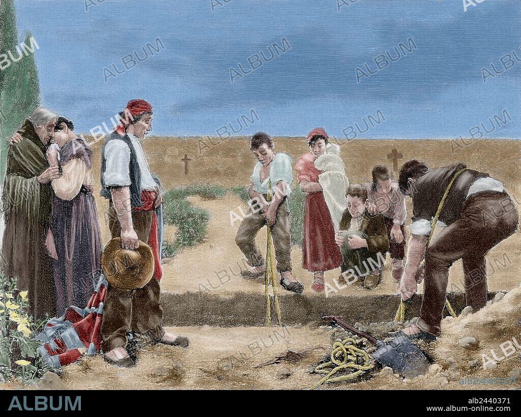 LAS CLASES POPULARES. SIGLO XIX. "ENTIERRO". Grabado de Sadurní, según el cuadro de Fernando Cabrera titulado "TIERRA". Coloreado.