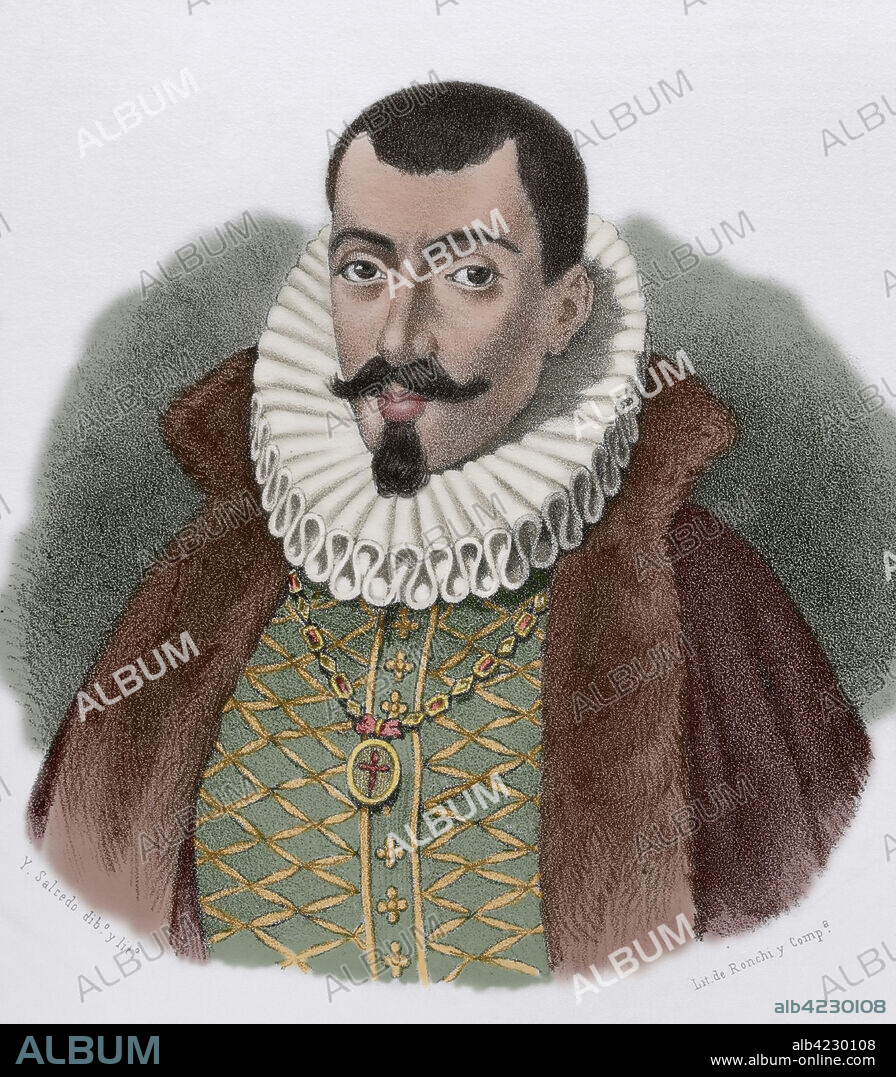 ISIDORO SALCEDO. 19TH CENTURY SPANISH PAINTER, LITHOGRAPHER AND DRAUGHTSMAN.. Francisco de Sandoval y Rojas (Francisco Gómez de Sandoval-Rojas y Borja) (1553-1625). Noble español. I duque de Lerma, V marqués de Denia y I conde de Ampudia. Valido y ministro principal durante el reinado de Felipe III (1598-1621). Retrato. Dibujo por Salcedo. Litografía. Coloreada. Crónica General de España, Historia Ilustrada y Descriptiva de sus Provincias. Castilla-La Nueva, 1869.