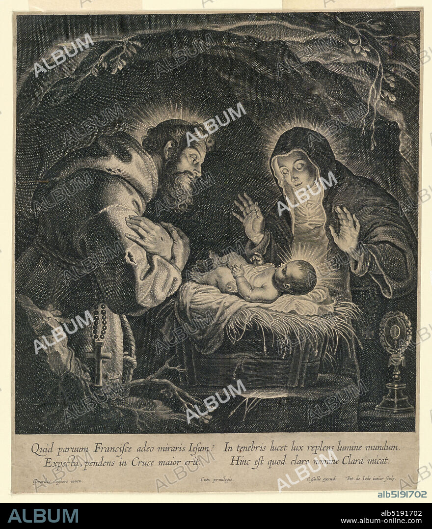 Saint Francis and Saint Clara Adoring the Infant Jesus, Pieter de Jode the Younger, Flemish, 1606 - ca. 1674, Gerard Seghers, Flemish, 1591 - 1651, Cornelis Galle I, Flemish, 1576 - 1650, Engraving on white paper, The Christ Child in a manger, Ste. Clara to the right, Sts. Francis at the left, both in their religious habits. Below, inscribed, 'Quid parum Francisce adeo miraris Ie sum / Ex pecta, pendens in Cruce maiorerir. / In tenebris lucet lux re plens lumine mundum. / Hinc est quod clara nomine mieat.' Below, the artists' and publisher's names., Flanders, Belgium, ca. 16301655, religion, Print, Print.
