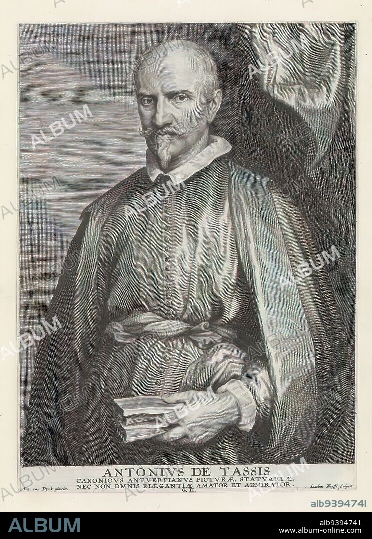 Portrait of Antonio de Tassis, Icones Principum Vivorum Doctorum Pictorum Chalcographorum Statuariorum nec non Amatorum Pictoriae Artis Numero Centum ab Antonio van Dyck Pictore ad Vivum Expressae Eiusq: Sumptibus aeri incisae (series title), Iconographie (series title), Antonio de Tassis, standing and dressed in a wide cloak, holding a book in his right hand. This print is part of an album., print maker: Jacob Neefs, (mentioned on object), after painting by: Anthony van Dyck, (mentioned on object), publisher: Gilles Hendricx, (mentioned on object), Antwerp, 1630 - 1641 and/or 1645 - 1646, paper, engraving, height 261 mm × width 189 mm.