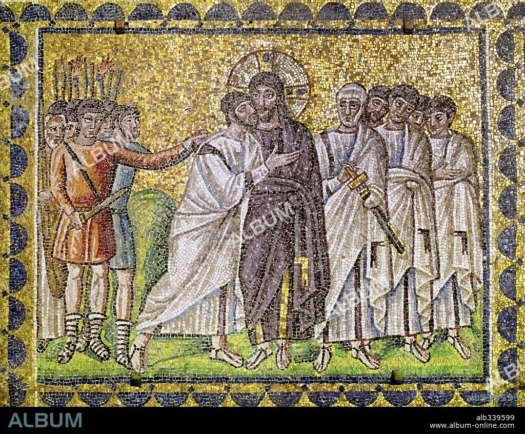 The kiss of Judas, mosaic cycle Saint Apollinare Nuovo Ravenna 6th century AD. San Apollinare Nuovo Ravenna.