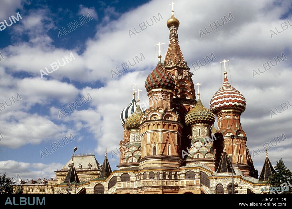 St. Basil's Cathedral (16th Century) was commissioned by Ivan the Terrible and built on the edge of Red Square between 1555 and 1561. The cathedral was built to commemorate Ivan the Terrible's successful military campaign against the Tartar Mongols in 1552 in the besieged city of Kazan. Moscow, Russia.