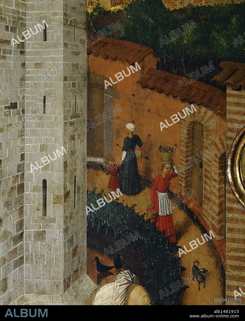ARTE GOTICO. ESPAÑA S. XV. BERNAT MARTORELL. "RETABLO DE LA TRANSFIGURACION" (detalle de una calle de Barcelona). Barcelona hacia 1445-1452. Pintura al temple sobre madera. Catedral de Barcelona. Cataluña.