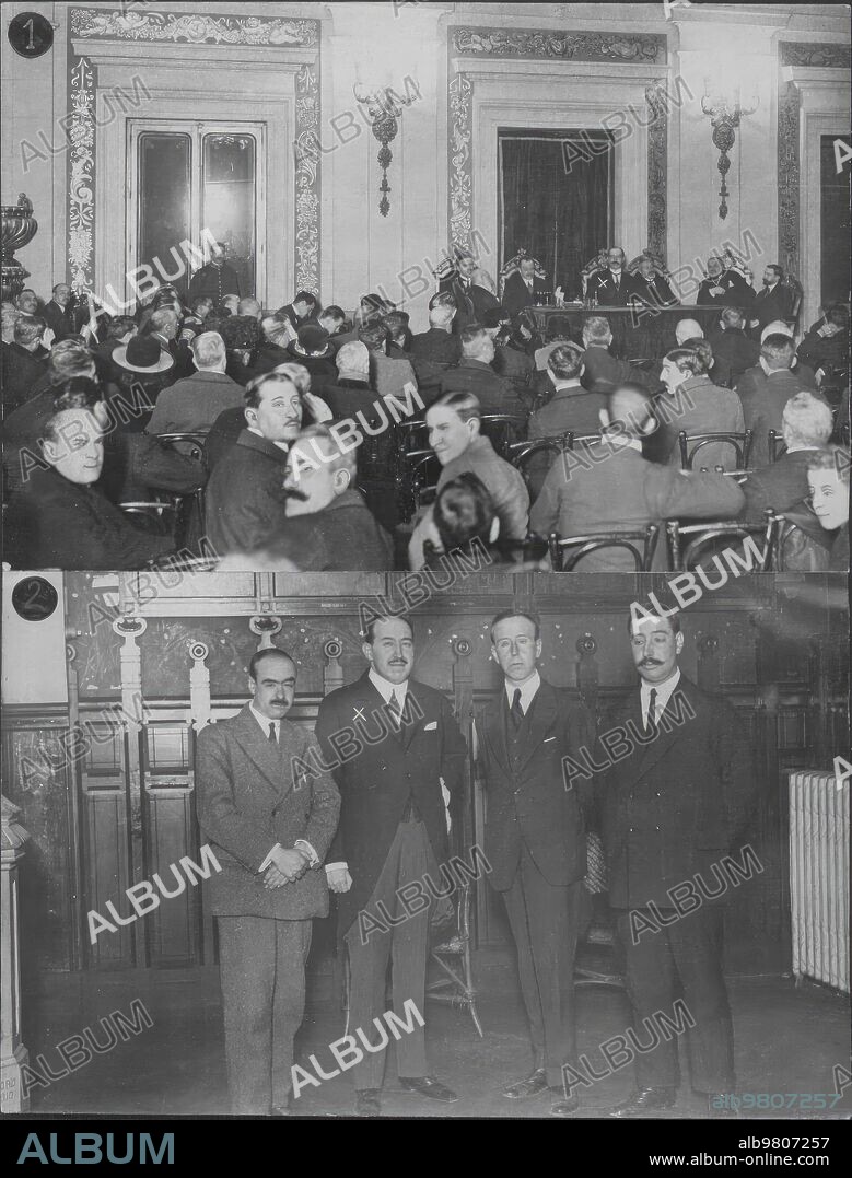 Marzo 1919. Madrid. Dos Conferencias. 1.-D. Tomás Elorrieta (X) durante su interesante  Desertación en la casa de la Villa. 2.-Luis Araujo costa después de su peroración en el ateneo de Madrid.