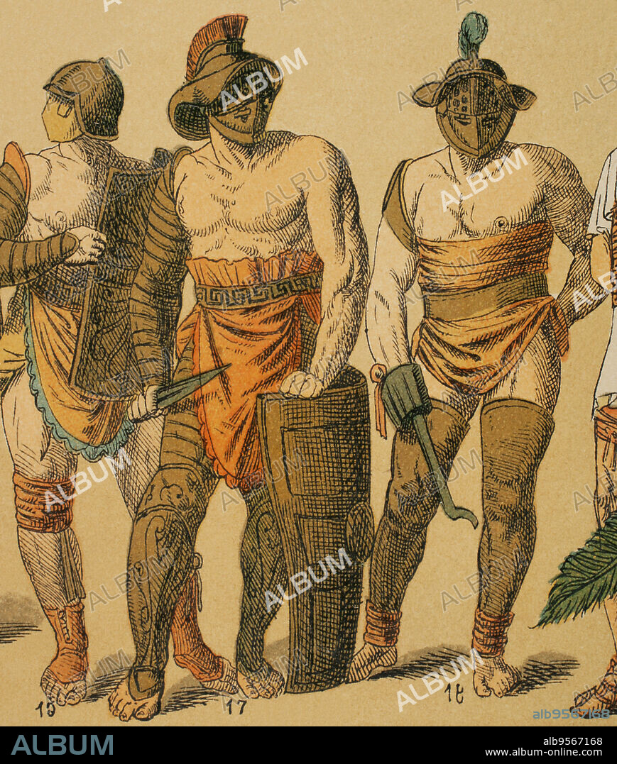 Imperio Romano. Gladiadores. De izquierda a derecha: 16- gladiador con yelmo y escudo, 17- gladiador con yelmo, escudo y puñal, 18- gladiador. Cromolitografía. Historia Universal, por César Cantú. Tomo II, 1881.