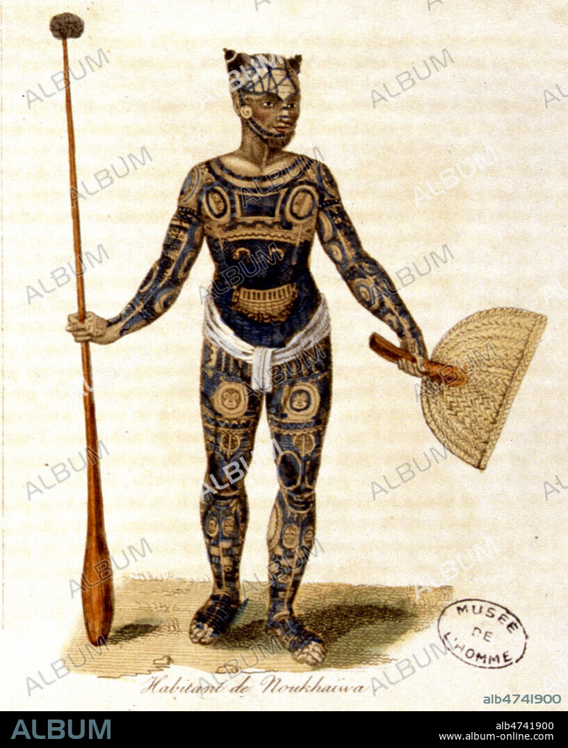 'Habitant de Noukhaiwa' (Nuka Iva : Iles Marquises). Illustration tiree de l'ouvrage 'L'Oceanie en estampes' par Jules et Edouard VERREAUX, publie en 1832 (19e, 19eme, XIXe s.). Credit : Jean Vigne/KHARBINE-TAPABOR.