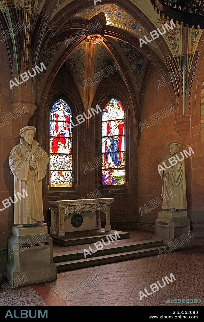 Melanchthon House, Memorial Hall, Reformation statues of Philipp Melanchthon and Martin Luther, altar with Melanchthon coat of arms, choir window, Bretten, Kraichgau, Karlsruhe County, Baden-Württemberg, stained glass windows, Germany, Europe.
