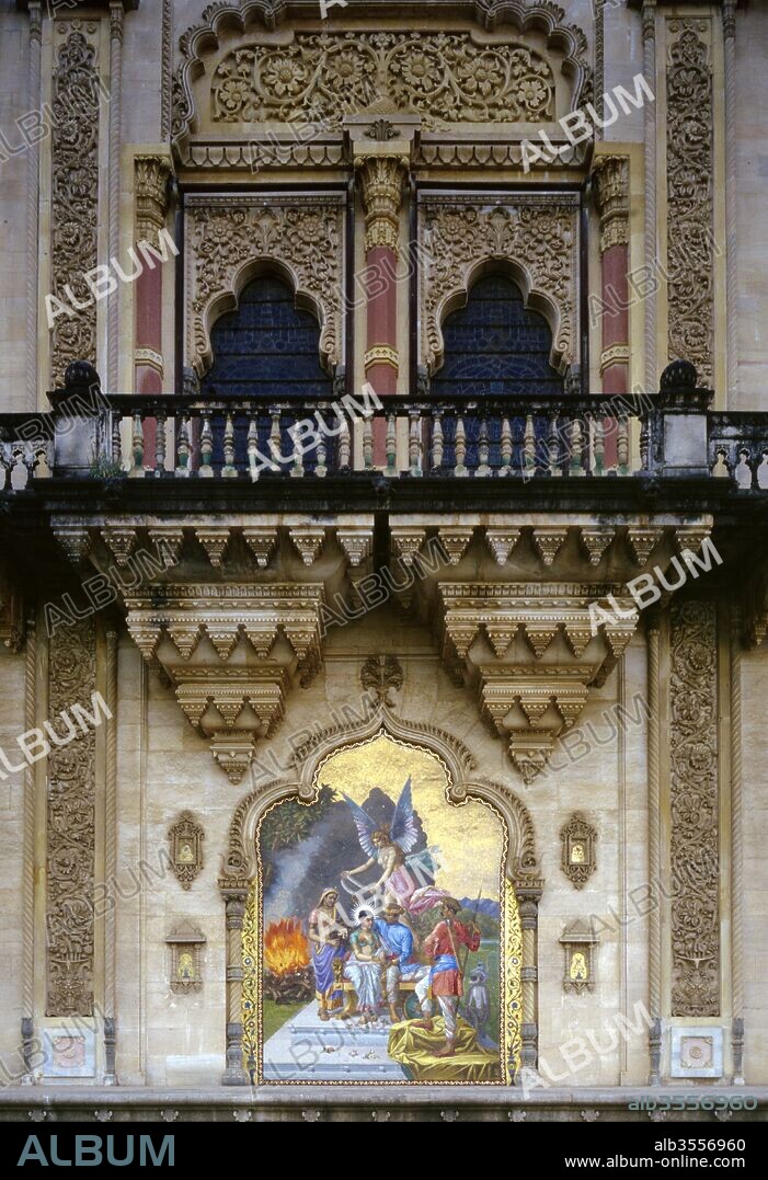 Mosaic art consisting of a design made of small pieces of colored stone or glass Baroda Palace , Gujarat , India.