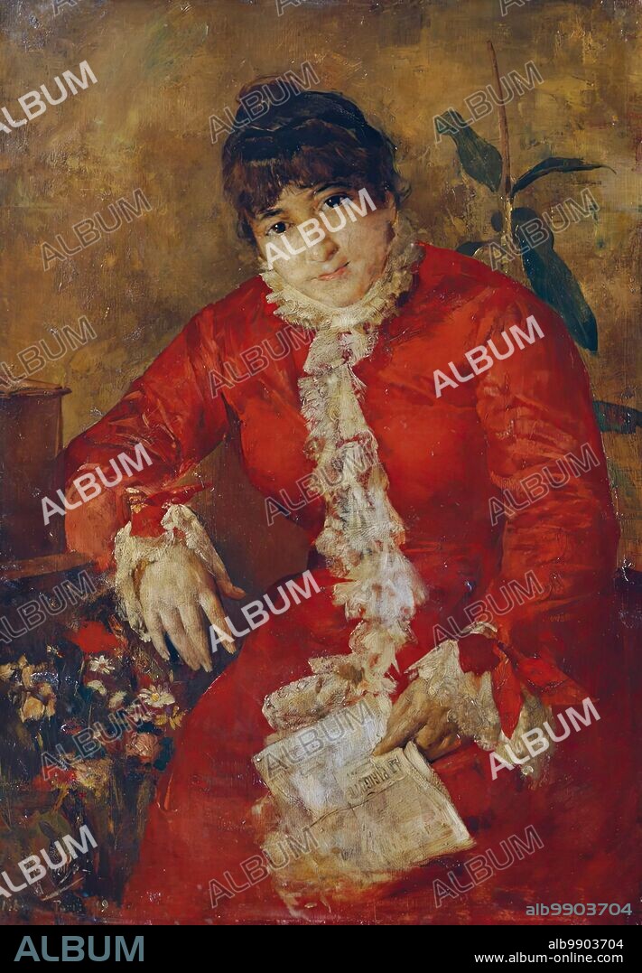 ANTON ROMAKO. Woman in scarlet dress with newspaper sheet and ficus, 1884/1889.