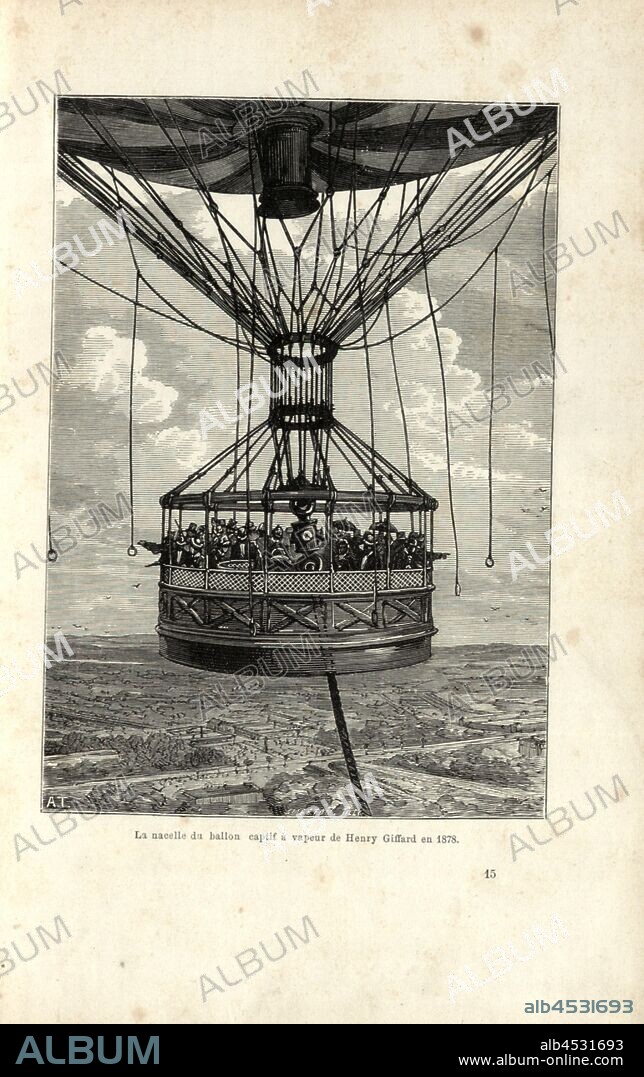 The nacelle of the steam captive balloon of Henry Giffard in 1878, Carrying Basket of the Captive Balloon by Henri Giffard during the World Exhibition Paris 1878, Signed: A. T, Smeeton, Tilly, Fig. 57, p. 224, Tissandier, Albert (del.); Smeeton, Burn (sc.); Tilly, Auguste (sc.), 1887, Gaston Tissandier: Histoire de mes ascensions. Récit de quarante voyages aériens (1868-1886). Paris: Maurice Dreyfous, 1887.
