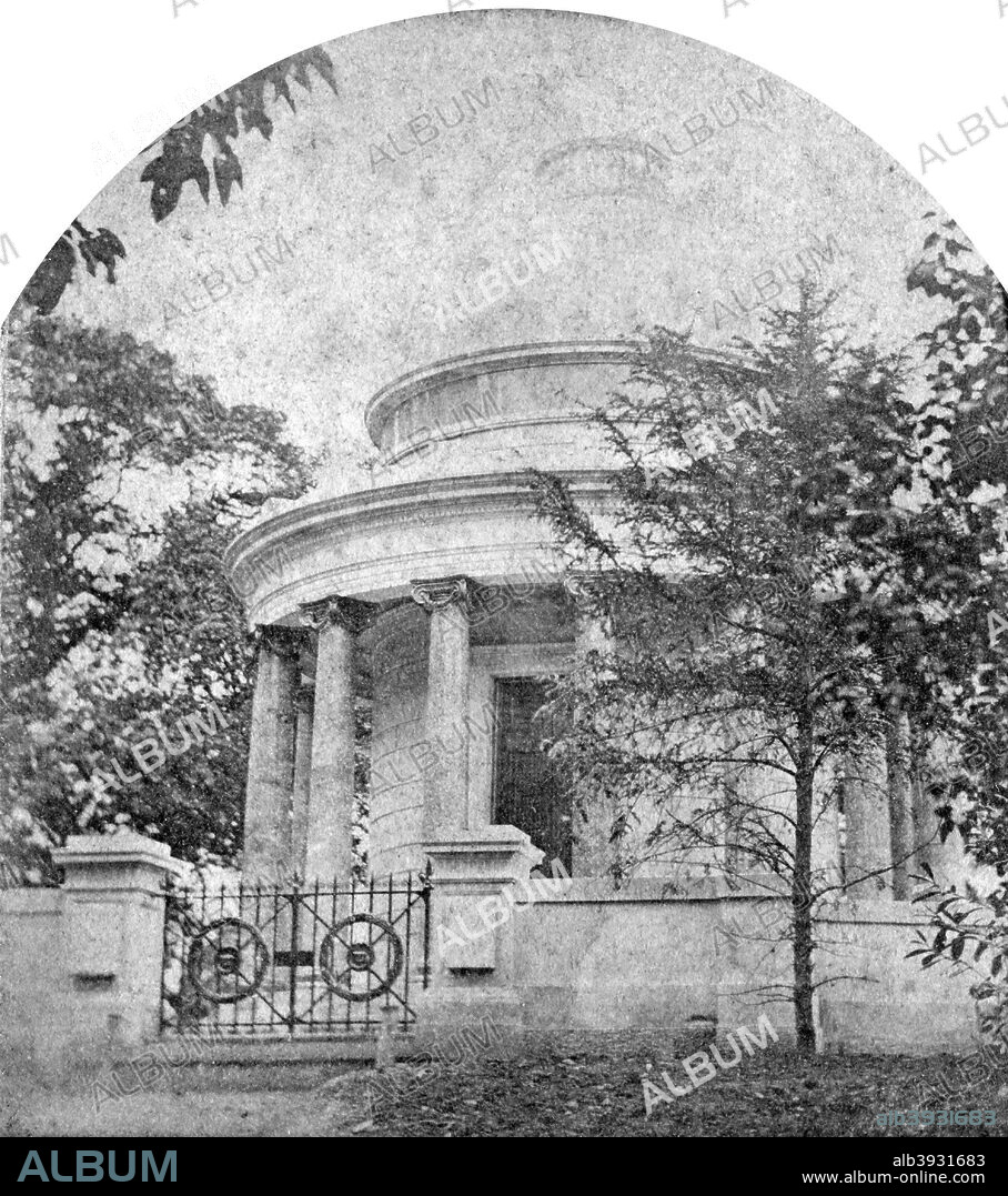 The Duchess of Kent's Mausoleum, Frogmore House, Berkshire, late 19th century. Frogmore House is a 17th century country house standing at the centre of the Frogmore Estate, amongst beautiful gardens, about a kilometre south of Windsor Castle in the Home Park at Windsor in the English county of Berkshire. It is a Grade I listed building. Stereoscopic card. Detail.