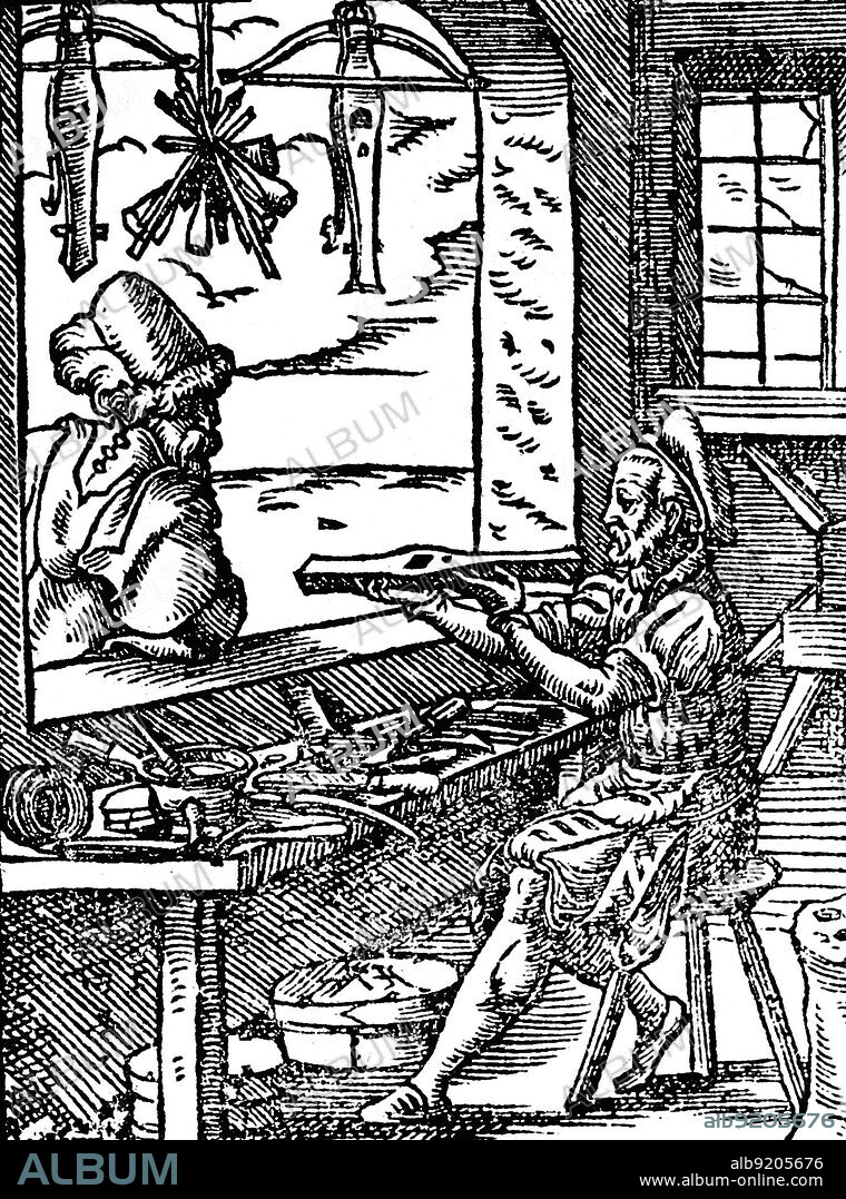 A crossbow maker (bowyer) is working at his workbench, with two finished crossbows and some bolts hanging in the window. Woodcut from Jost Amman's Book of Trades, 1568.