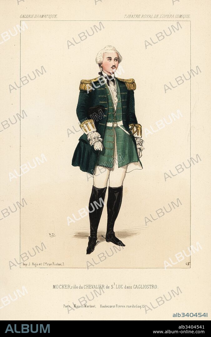 French tenor Toussaint-Eugene-Ernest Mocker as the Chevalier de St. Luc in Cagliostro by Eugene Scribe, Theatre Royal de l'Opera Comique, 1843. Handcoloured lithograph after an illustration by Victor Dollet from Galerie Dramatique: Costumes des Theatres de Paris, Paris, 1844.