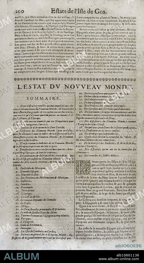 "Les Estats, Empires, Royaumes et Principautez du Monde" (The States, Empires, Kingdoms and Principalities of the World), by D. T. V. Y. (Pierre d'Avity, 1573-1635). The State of the New World, summary. Edition printed in Geneva by Samuel Chouët, 1665.