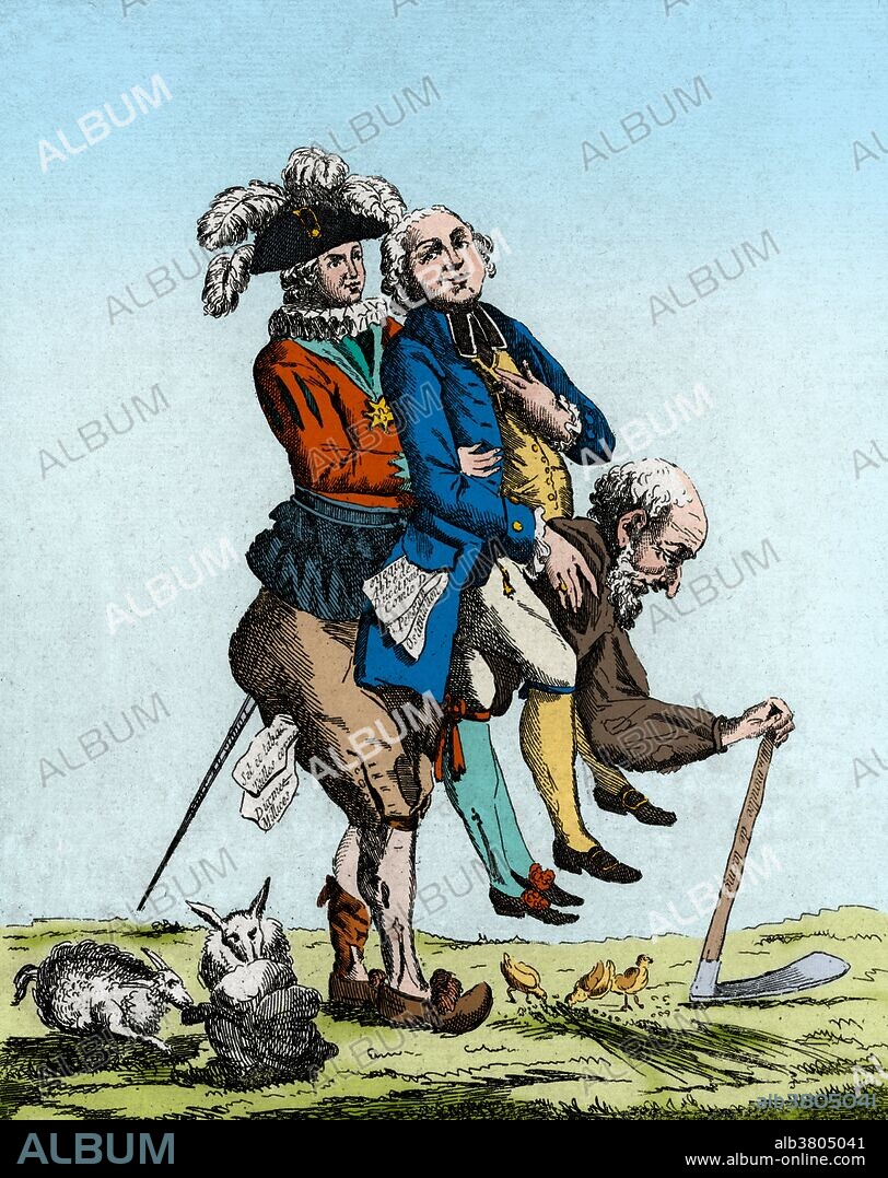 Entitled: "A faut esperer q'eu se jeu la finira bentot." Shows the nobility and the clergy, representing the estates general, riding on the back of a man representing the working class, or third estate; the man is bent under their weight and supports himself by leaning on an adz-like tool, while around his feet birds and rabbits feast on the produce of his labor. The Estates-General of 1789 was the first meeting since 1614 of the French Estates-General, a general assembly representing the French estates of the realm: the clergy (First Estate), the nobles (Second Estate), and the common people (Third Estate). Summoned by King Louis XVI to propose solutions to his government's financial problems, the Estates-General sat for several weeks in May and June 1789 but came to an impasse over the first item on the agenda: whether they should vote by estate, giving the first two estates an advantage, which was the king's choice, or vote all together, giving the Third Estate the advantage. It was brought to an end when the Third Estate formed into a National Assembly, inviting the other two to join, against the wishes of the king, signaling the outbreak of the French Revolution. No artist credited, dated 1789. This image has been color enhanced.
