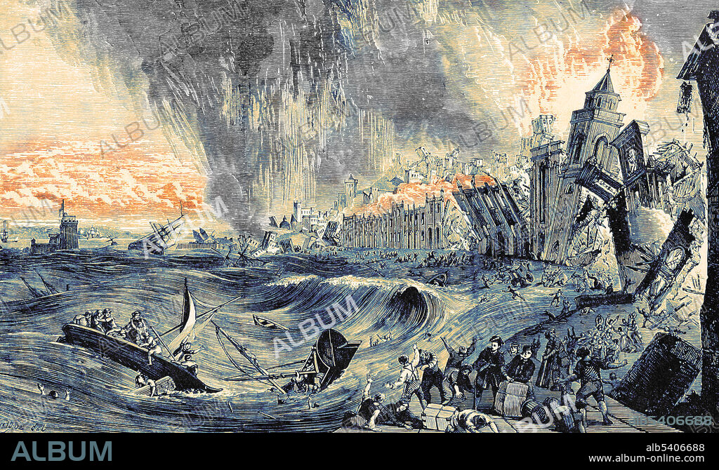 November 1, 1755. Shortly after the Lisbon earthquake struck the great city, a series of huge tsunami waves crashed over the harbor quays, engulfed the lower part of Lisbon on the shore of the Tagus, and submerged much of the lower part of the city including its newly built, marble quay of Cais De Pedra which disappeared into the river. The first three of these tsunami waves were the largest and completed the destruction brought about by the two earlier strong quake shocks. 20,000 more of the terrified survivors who had rushed to the open space of the docks and the waterfront quay for safety, lost their lives to these tsunami waves. All boats moored in Lisbon's harbor were destroyed.