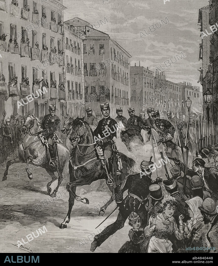 JUAN COMBA GARCÍA (1852-1924). SPANISH PAINTER AND ILLUSTRATOR. BERNARDO RICO (1825-1894). SPANISH ENGRAVER.. Alfonso XII (1857-1885). King of Spain (1875-1885). Madrid, 25 October 1878. First attempt on Alfonso XII's life. Juan Oliva Moncusí (1855-1879), a young cooper, fired a pistol shot at the king in calle Mayor (Main Street), as he was parading through the streets of Madrid when he returned from his journey to the North of Spain. The King was unharmed by the attack. Drawing by Juan Comba. Engraving by Rico. La Ilustración Española y Americana (The Spanish and American Illustration), 1878.