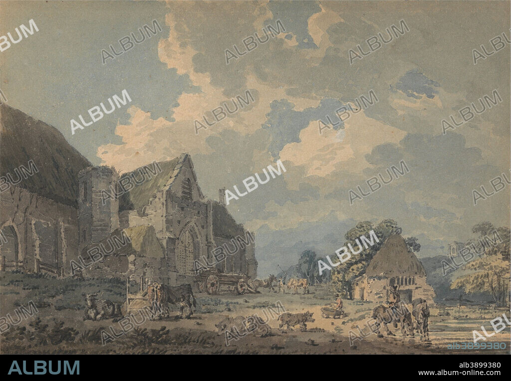 THOMAS GIRTIN. The Tithe Barn at Abbotsbury with the Abbey on the hill... Date/Period: Ca. 1795. Painting. Watercolor. Height: 122 mm (4.80 in); Width: 168 mm (6.61 in).