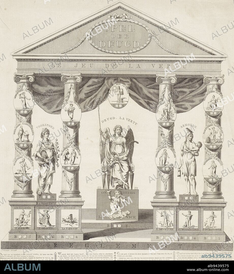 Above personifications of virtues and vices in a classical building with Ionic columns and a pediment. On the left, the personification of Prosperity holding a horn with coins and a branch with possibly oak leaves. To her left and right medallions with personifications of Sincerity, Gratitude, Loyalty, Love and Charity. Below that are renderings of Avarice, Pride and Sloth. In the center the winged Virtue with a spear, a laurel wreath and a horn of plenty. She is enthroned on a platform on which Vice is trampling the tablets containing the Ten Commandments and a child, possibly as a symbol of innocence. To the right, ragged Poverty stands with a child on her arm between medallions of Friendship, Obedience, Justice, Diligence and Humility. Below representations of Deceit, Disobedience and Ingratitude. At the bottom the rules in Dutch and French, Dice game with rules Game of virtue, Le jeu de la vertu , print maker: Jan Gerritsz. Visser, Jan Voorman, (mentioned on object), publisher: Jan Verlem, (mentioned on object), print maker: Low Countries, publisher: Amsterdam, 1798, paper, engraving, etching, letterpress printing, h 569 mm × w 380 mm.