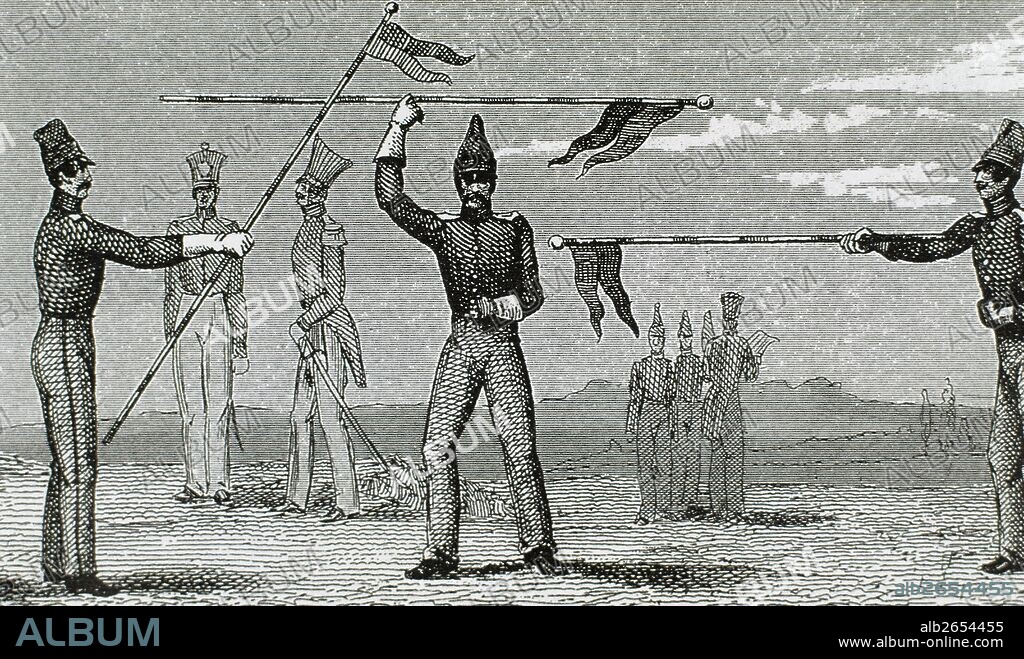 Adiestramiento para las órdenes en el ejército. Movimientos con banderines. Grabado del siglo XIX.