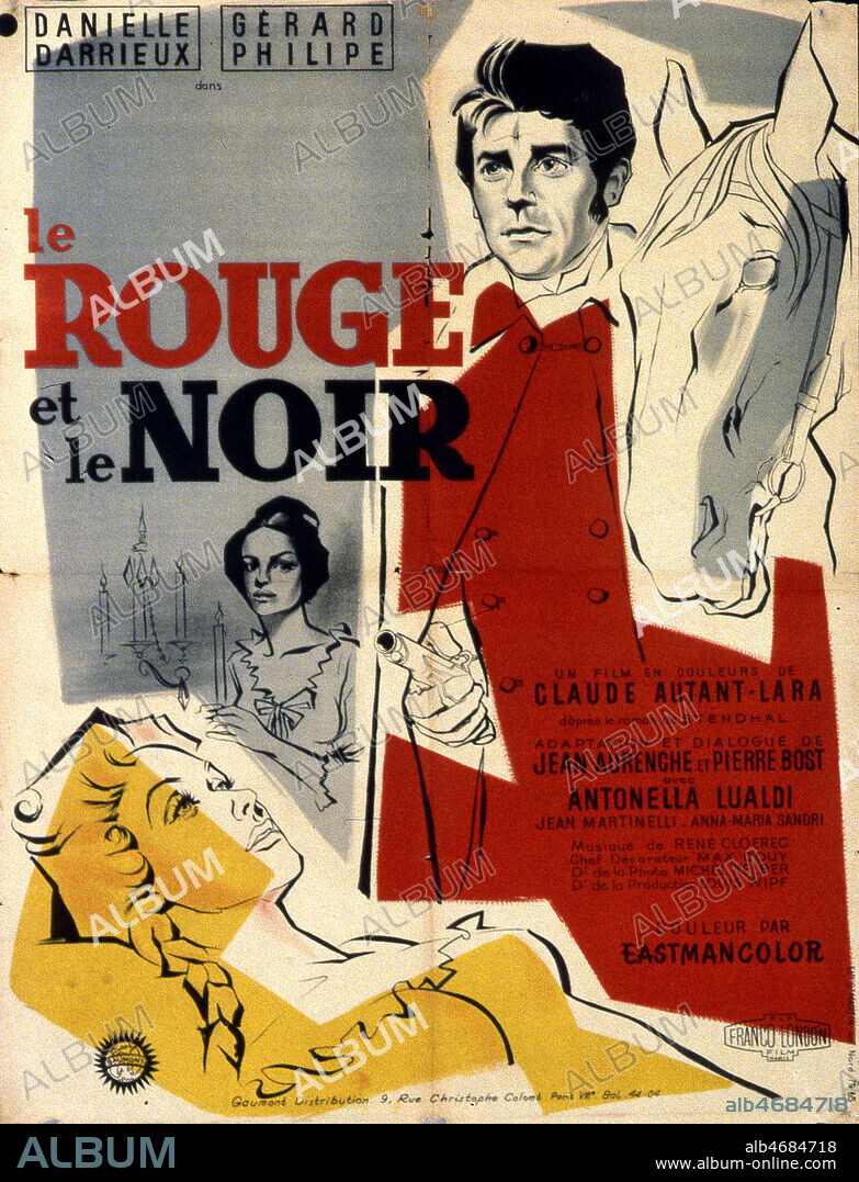 'Le Rouge et le Noir' Affiche du film realise en 1954 par Claude AUTANT-LARA (1903-2000) d'apres le roman de Stendhal (1783-1842) avec Gerard PHILIPPE (1922-1959), Danielle DARRIEUX (NEE EN 1917). Credit : Coll. Perron/KHARBINE-TAPABOR.