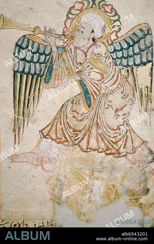 Arabische Miniatur, Wasit (Irak), 1280. /-Der Erzengel Djibril (Gabriel).-/ Aus: Zakariya ibn Muhammad al-Qazvini ( um 1200-1283), Aja'ib al-Makhluqat (Die Wunder der Geschöpfe und Besonderheiten der Dinge). Gouache auf Papier, Blattformat 30,5 x 20,5 cm. Cod. arab. 464.