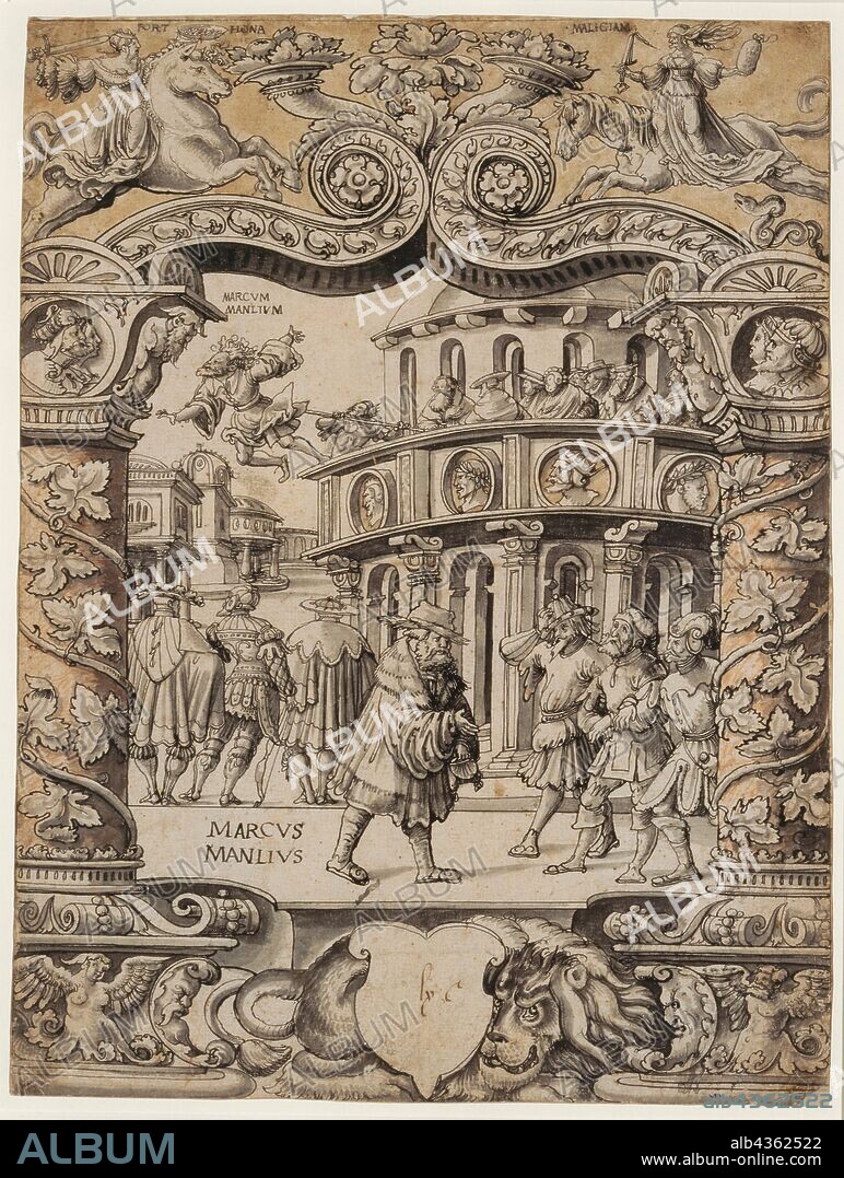 Disc rupture with the story of Marcus Manlius, below blank escutcheon, in the upper picture Fortuna and Malicia, around 1530, feather in black, gray washed, in places red chalk and with brownish yellow watercolor, laminated, sheet: 43.6 x 31.9 cm, 32.9, O. r, and l., at the personifications designated: fort hona, maliciam, in the illustration o. l .: marcum, manlium, u, ., l .: marcus, manlius, Anonym, Süddeutschland (Konstanz), 1. Hälfte 16. Jh., Christoph Bockstorffer, (zugeschrieben / attributed to), Memmingen um 1480 – vor 1553 Colmar, Matthäus Gutrecht d. J., (alternative Zuschreibung / alternative attribution), tätig in Konstanz zwischen 1506 und 1534.