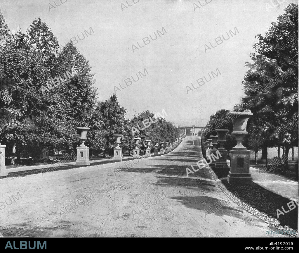 Druid Hill Park, Baltimore, Maryland, USA, c1900. Wide avenue lined with classical urns on pedestals. When the Park first opened in 1860, recreation facilities were racially segregated. From Scenic Marvels of the New World edited by Prof. Geo.R. Cromwell. [C.N.Greig & Co., c1900].