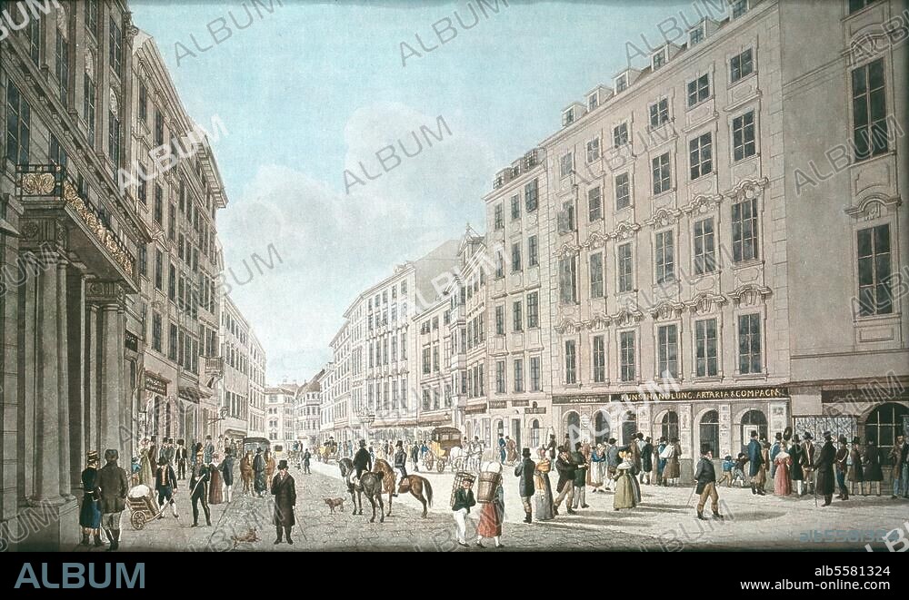 Wien, Kohlmarkt. Ansicht des Kohlmarkts. Radierung, koloriert, um 1820, von Leopold Beyer (1784-1870).