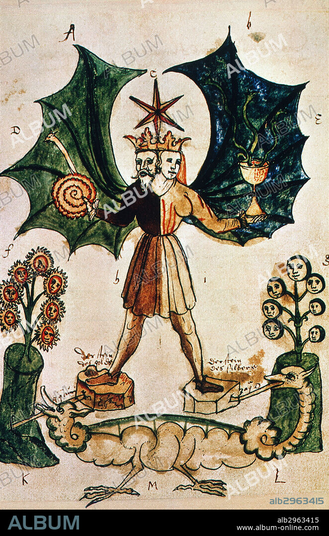 ALCHEMY, 16th CENTURY.The alchemical doctrine of Two Contraries in an illumination from the 16th century ms. of Pandora: the king and queen, symbolizing male and female, sun and moon, day and night, are united in one body; the dragon is the unifying factor and the star represents the philosopher's stone.