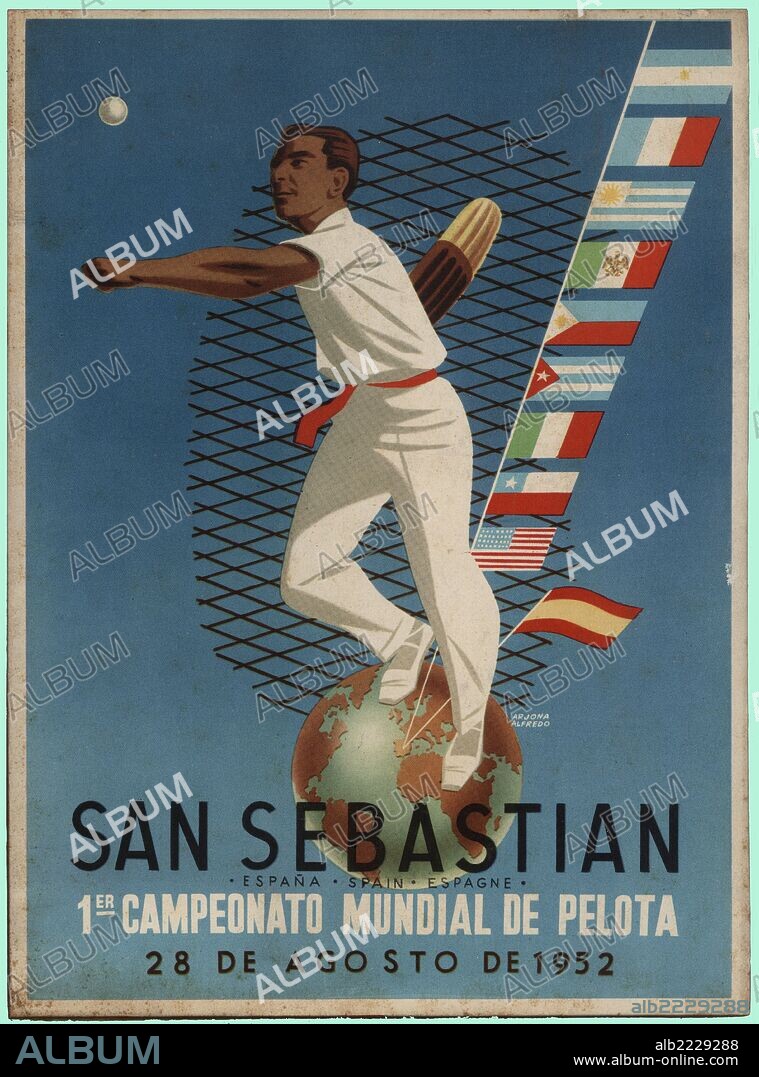España. Cartel del Primer campeonato mundial de pelota. Dibujo de Aldredo Arjona. San Sebastián, 1952.