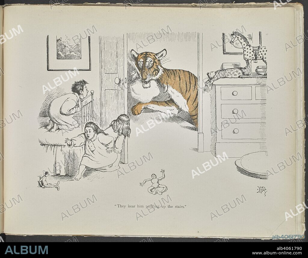 EDWARD TENNYSON REED and DOUGLAS, ALFRED BRUCE, LORD. "They hear him padding up the stairs." A tiger scaring children in their bedroom. Tails with a Twist. The verses by â€œBelgian Hare.â€ The pictures by E. T. Reed. London : Edwin Arnold, [1898]. See image 1876_a_30_p68 for accompanying poem. Source: 1876.a.30 page 69.