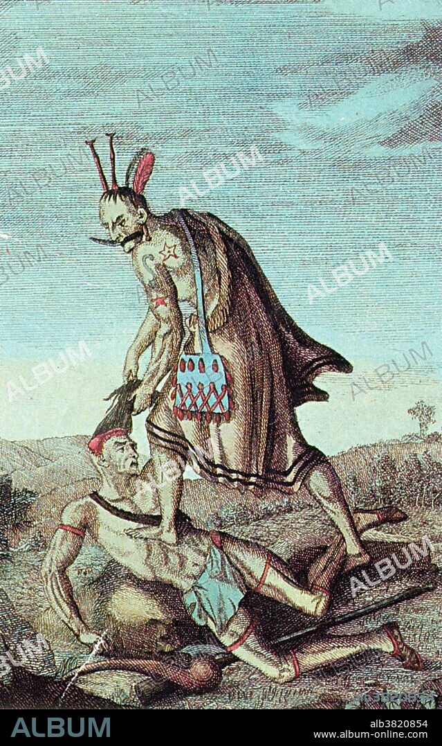 Lithograph of Iroquois Warrior from Manners and Customs of the Peoples (Paris 1814). The Iroquois are a league of several nations and tribes of indigenous people of North America. By the 16th century or earlier, they came together in an association known today as the Iroquois League (Five Nations) composed of the Mohawk, Oneida, Onondaga, Cayuga and Seneca nations. After the Tuscarora nation joined the League in 1722, the Iroquois became known as the Six Nations. Scalping is the act of removing another person's scalp or a portion of their scalp, either from a dead body or from a living person. The initial purpose of scalping was to provide a trophy of battle or portable proof of a combatant's prowess in war. Eventually, the act became motivated primarily for financial reasons as people were paid bounties for enemy Native American scalps.